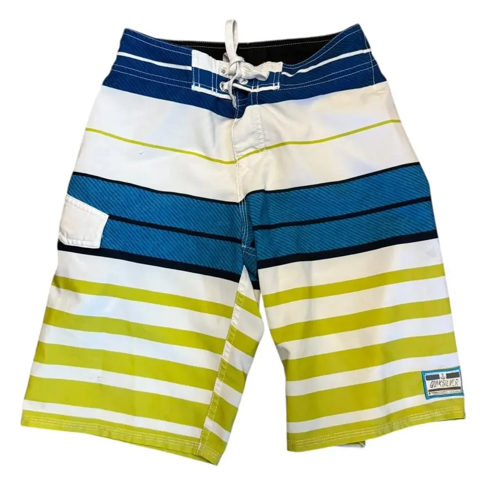 Quiksilver Boys White Blue Striped Surf Swimming Boardshorts Size 25